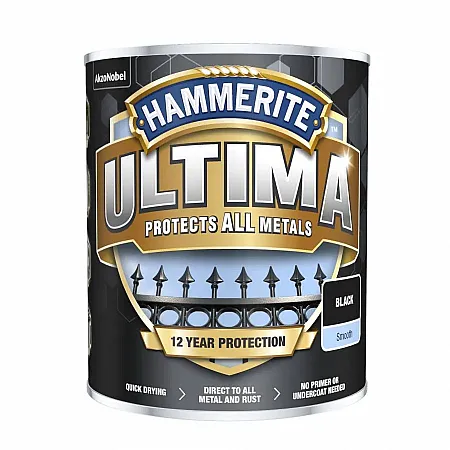 Hammerite Ultima Χρώμα Μετάλλων Βάσεως Νερού Απευθείας στη Σκουριά Μαύρο Γυαλιστερό 0,75Lt